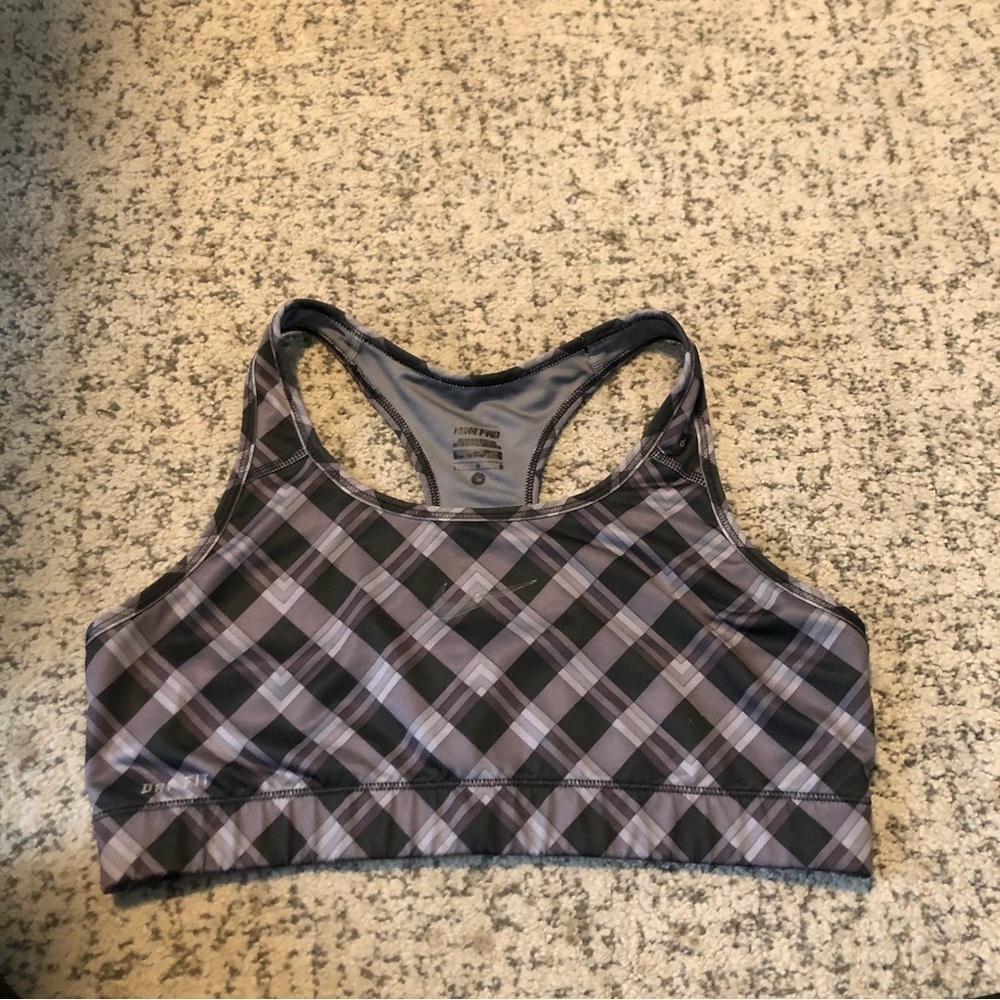 Nike Dri-Fit Pro Black & Gray Plaid Print Sports Bra Size Large